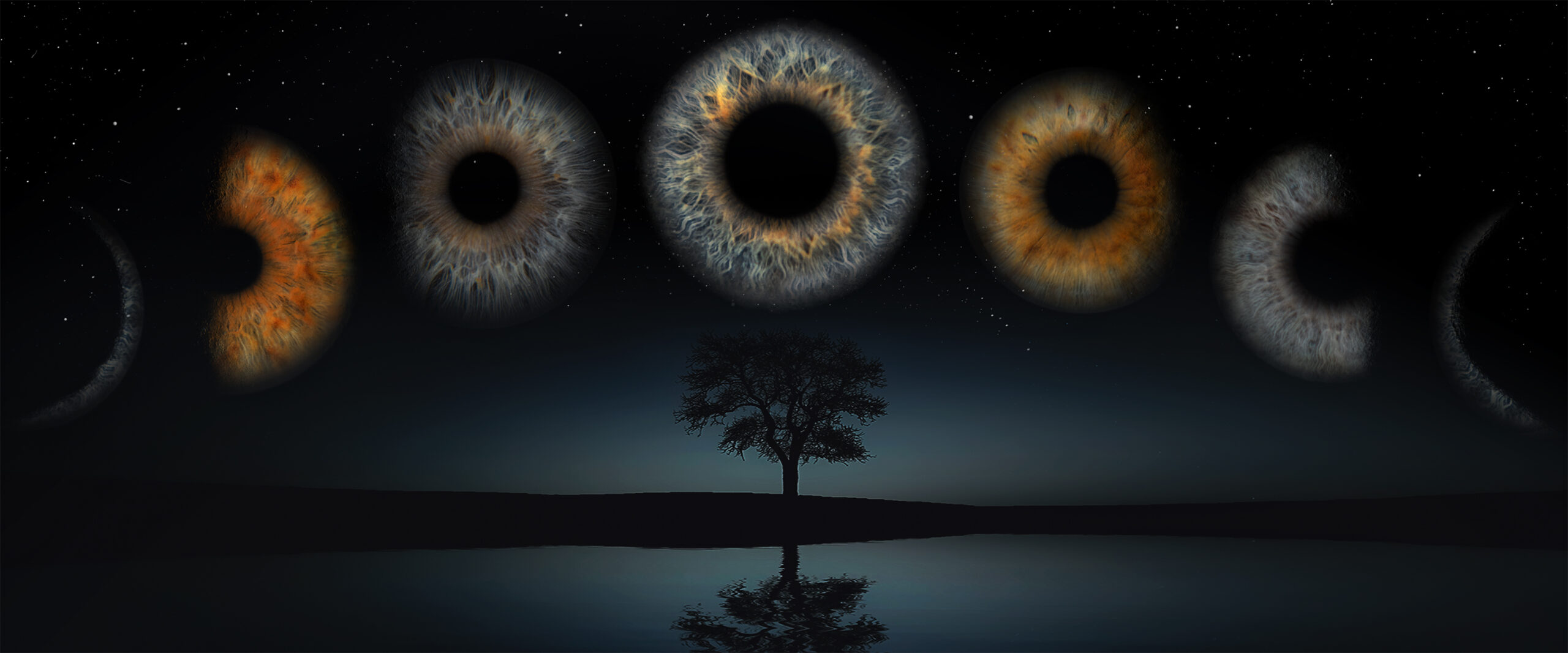 Irisfotografie Mondphasen mit See und Baum